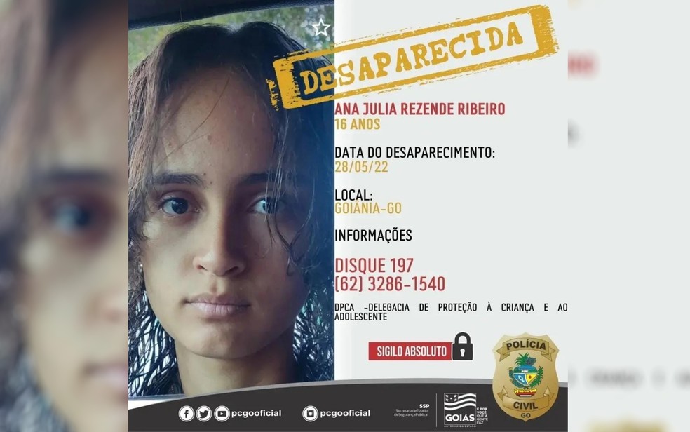 Divulgação de desaparecimento de Ana Julia pela Polícia Civil — Foto: Divulgação/PCGO