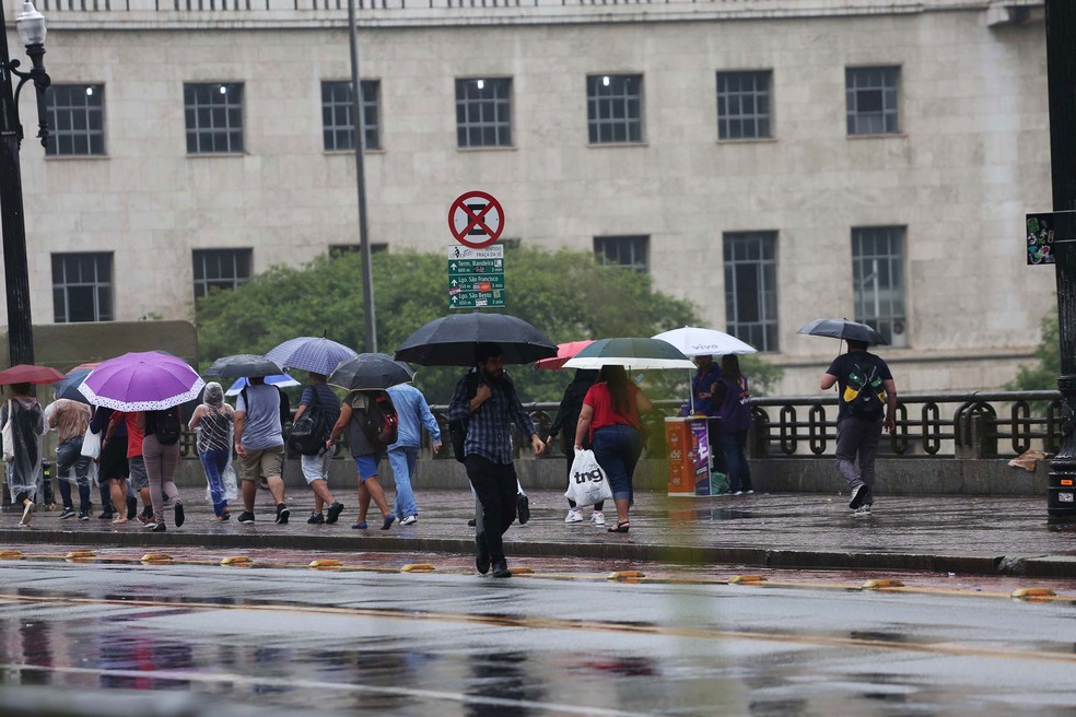 Pedestres se protegem da chuva no Viaduto do Chá, no Centro de SP, na sexta-feira (15) — Foto: Renato Cerqueira/Estadão Conteúdo