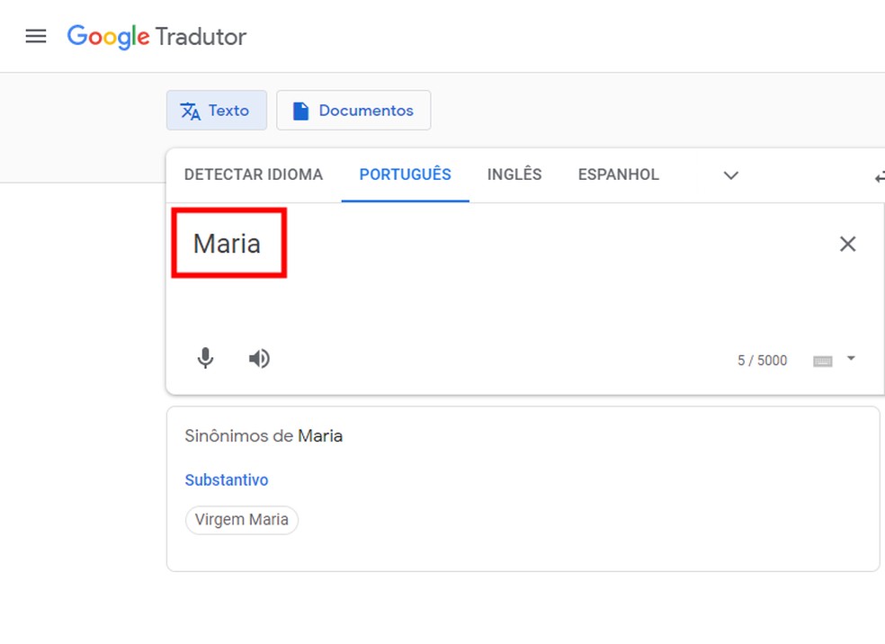 Digite seu nome no Google Tradutor para ver como ele fica em inglês — Foto: Reprodução/Rodrigo Fernandes
