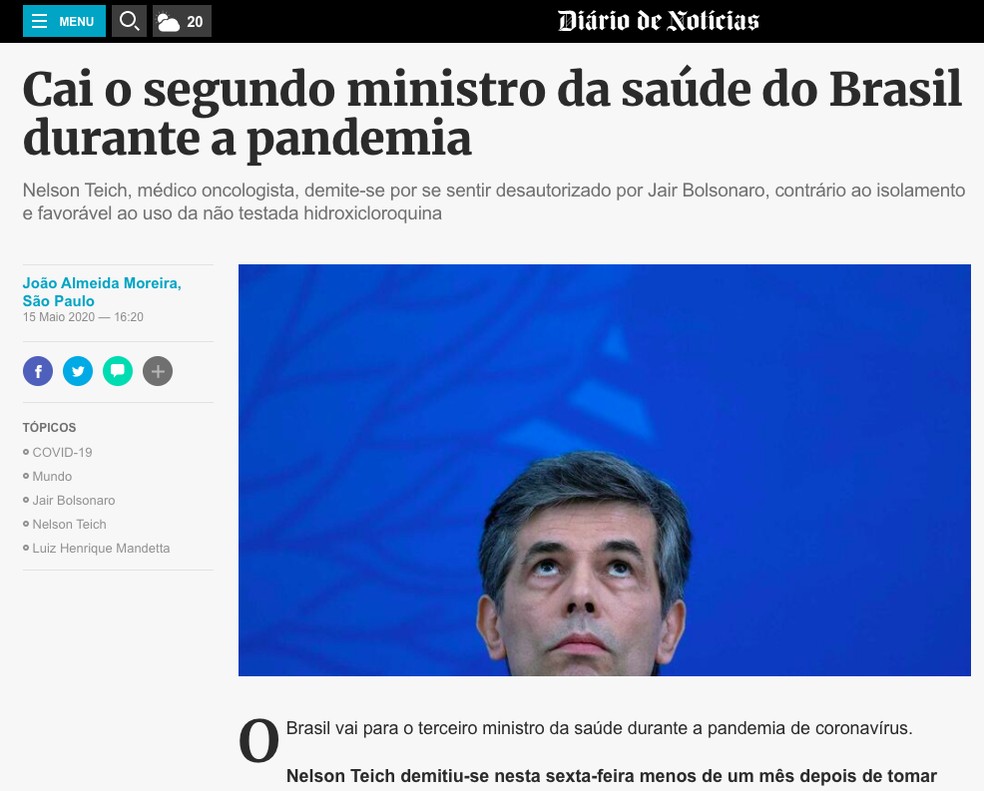 Diário de Notícias (Portugal): Cai o segundo ministro da saúde do Brasil durante a pandemia — Foto: Reprodução/Diário de Notícias