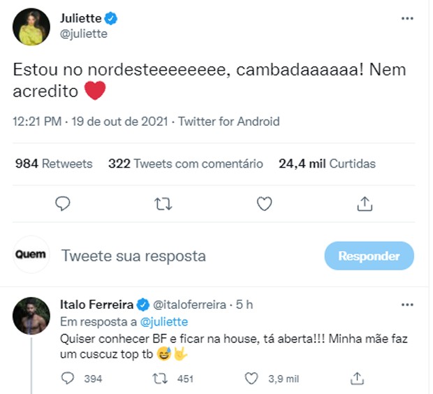 Ítalo Ferreira manda mensagem para Juliette (Foto: Reprodução/Twitter)