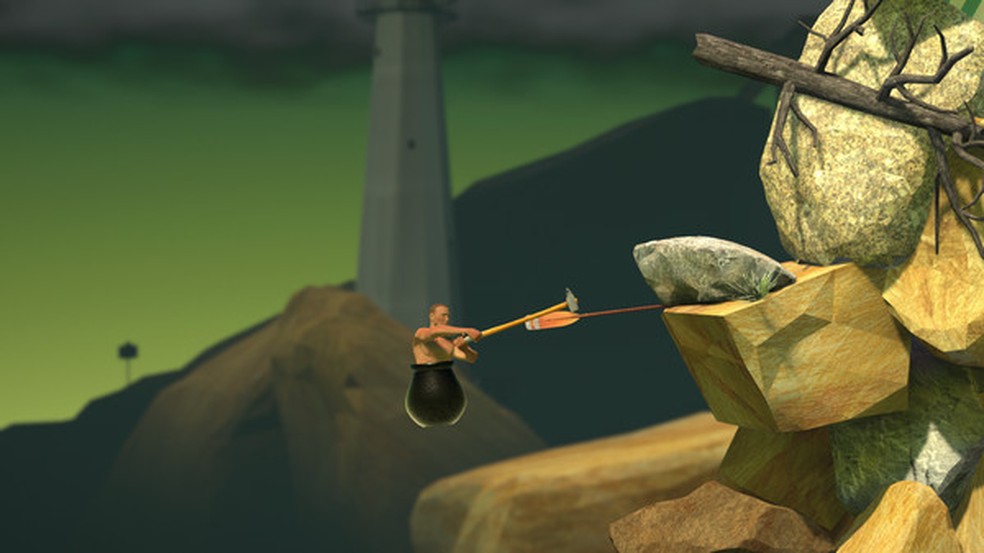 Getting Over It controle um homem que vive dentro de um caldeirão, sem roupas e apenas com uma picareta na mão — Foto: Reprodução/Steam