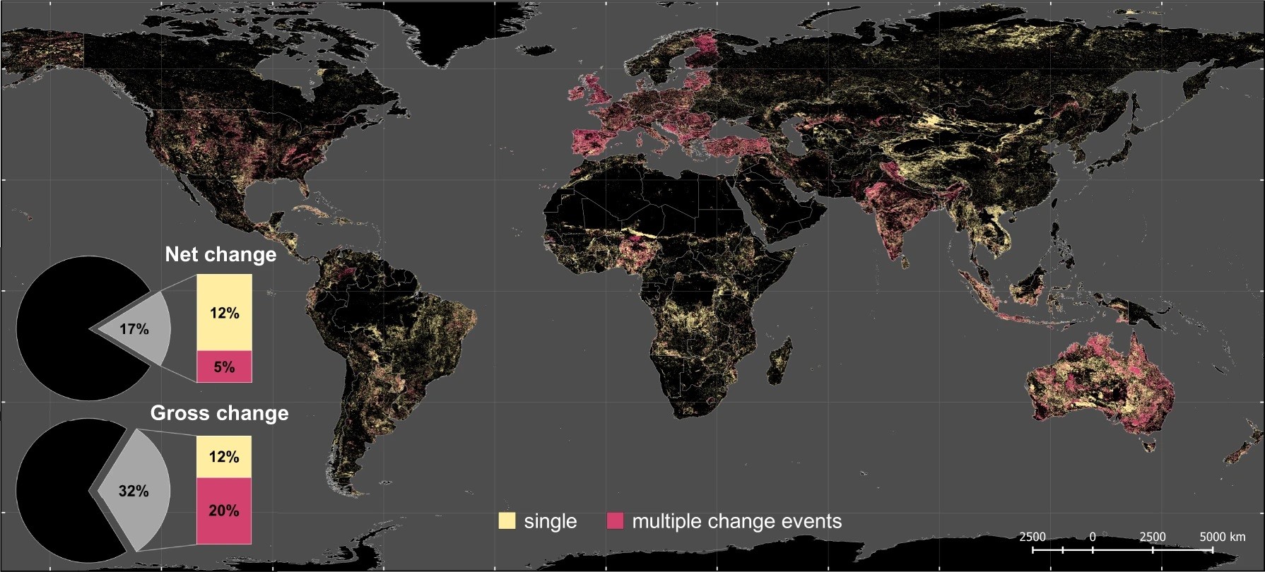 Mapa mostra em amarelo mudanças únicas nas áreas e em vermelho múltiplas mudanças na cobertura da terra, considerando o período de 1960 a 2019  (Foto: Karina Winkler et.al)