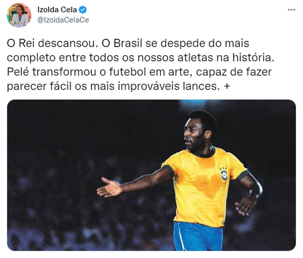 Izolda Cela lamentou a morte de Pelé — Foto: Reprodução