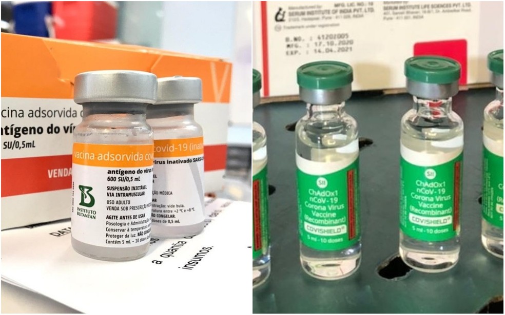 Fracos com doses das vacinas CoronaVac/Butantan (esquerda) e Oxford/AstraZeneca — Foto: William Silva e Fernanda Elnour/TV TEM