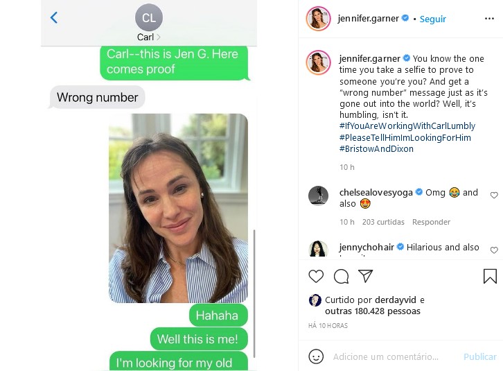 O post compartilhado pela atriz Jennifer Garner com o print da conversa com a selfie que enviou por engano a um estranho (Foto: Instagram)
