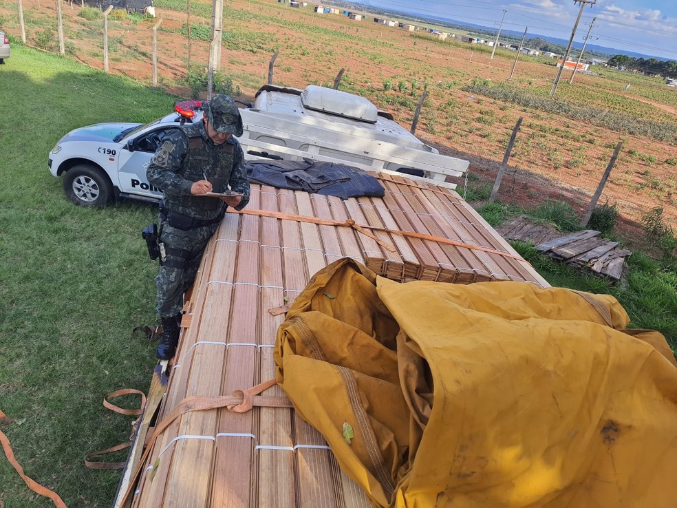 Homem é multado em mais de R$ 2,9 mil por transportar madeira nativa sem documentação em Rosana (SP) — Foto: Polícia Ambiental