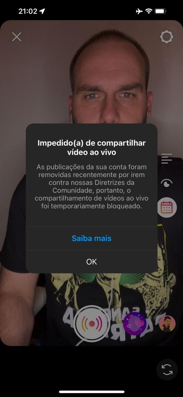 Eduardo Bolsonaro foi bloqueado temporariamente de iniciar transmissões ao vivo no Instagram