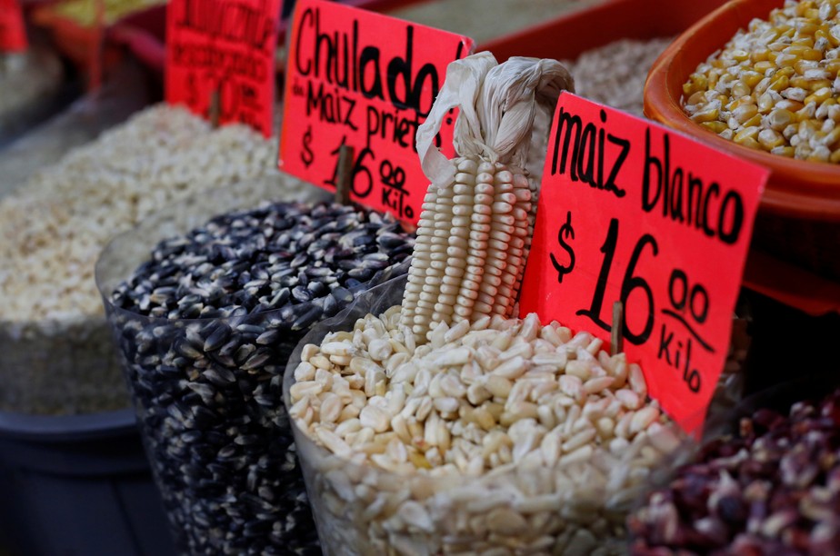 Variedades de milho expostas à venda, no México. País vetou a importação do grão geneticamente modificado, decisão que desagradou o governo dos Estados Unidos
