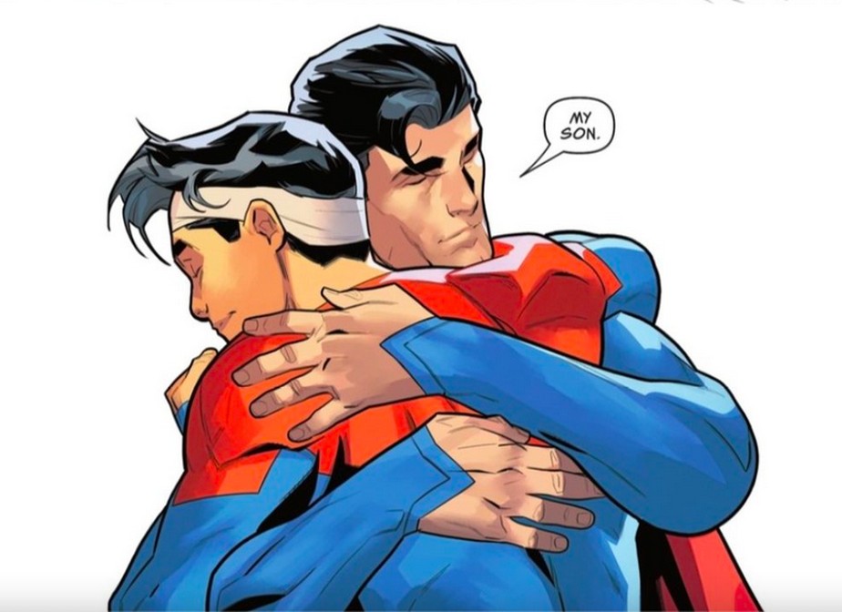 Cena da HQ da DC Comics na qual o filho do herói Superman revela sua bissexualidade para o pai
