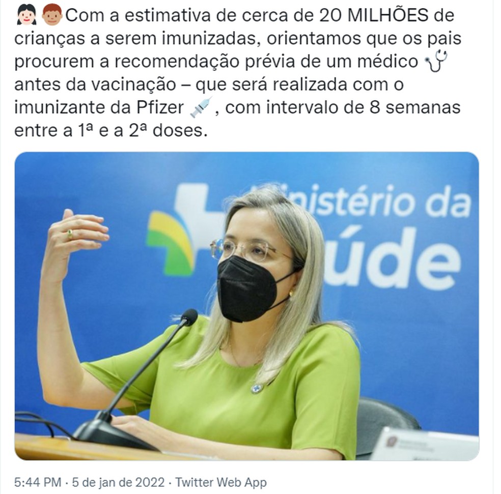 Postagem em rede social do Ministério da Saúde de 5 de janeiro defende a "recomendação prévia de um médico" — Foto: Reprodução/Twitter
