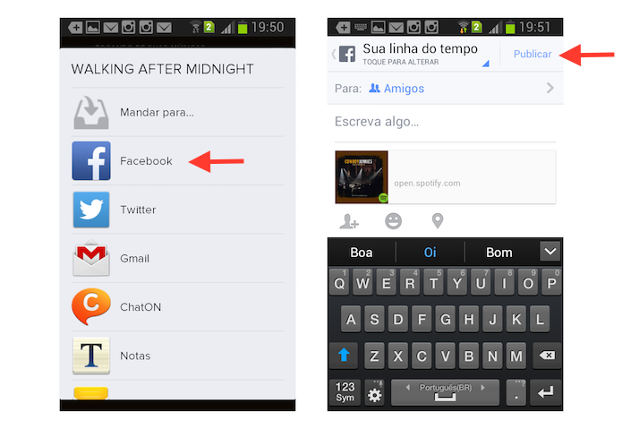 Compartilhando uma música do Spotify com o Facebook na versão para Android (Foto: Reprodução/Marvin Costa)
