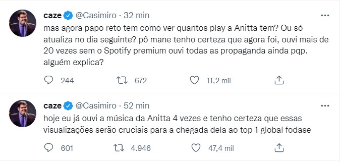 Casimiro comenta torcida por Anitta (Foto: Twitter/Reprodução)