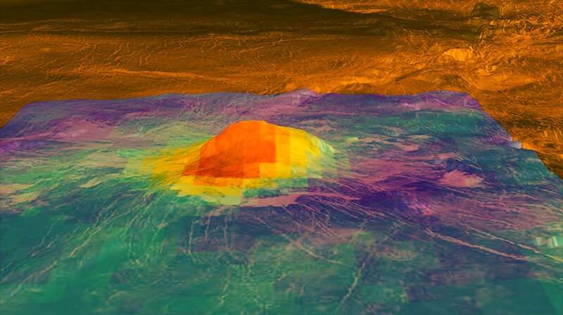 Cientistas encontram evidências de atividade vulcânica em Vênus. Acima, imagem ilustra padrões de aquecimento sobre um vulcão (Foto: Nasa)