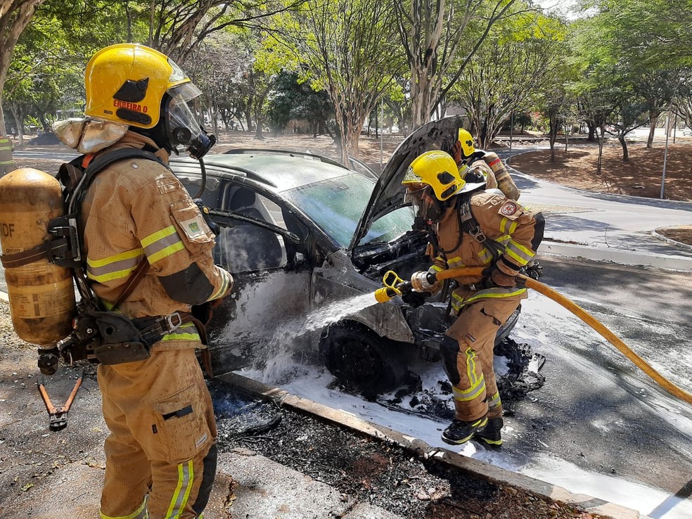 Corpo de Bombeiros do DF apaga fogo em carro na Asa Norte, em Brasília — Foto: Corpo de Bombeiros do DF/Divulgação