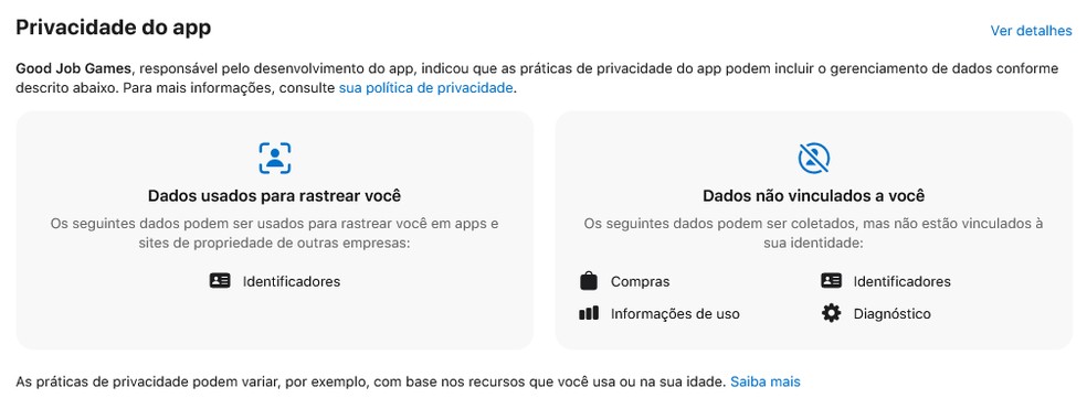 Página de cada aplicativo na App Store, da Apple, tem seção sobre privacidade — Foto: Reprodução/App Store