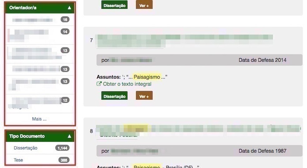 Filtros para orientadores e tipo de documento na busca por textos acadêmicos da Biblioteca de Teses e Dissertações — Foto: Reprodução/Marvin Costa