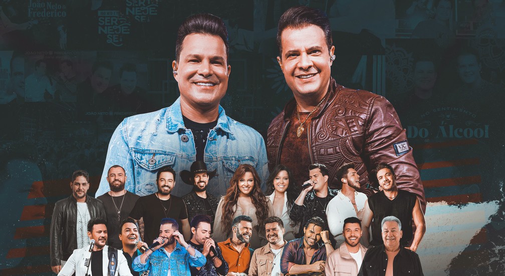 João Neto & Frederico em fotomontagem com os convidados da gravação do show '25 anos', programada pela casa Vibra São Paulo para 15 de março — Foto: Divulgação