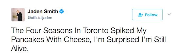 O relato de Jaden Smith anunciando sua expulsão de um hotel em Toronto (Foto: Twitter)