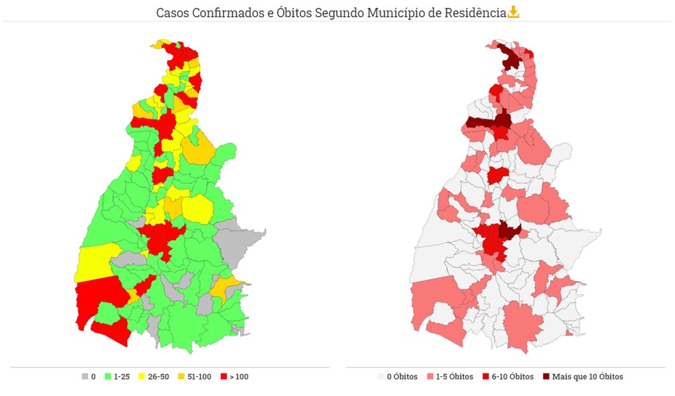 Mapas mostram cidades com casos de coronavírus e com mortes pela doença no Tocantins — Foto: Reprodução/Secretaria de Saúde do Tocantins
