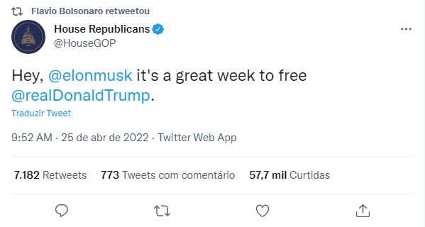 Filho do presidente, senador compartilhou tuíte do Partido Republicano norte-americano sobre Donald Trump