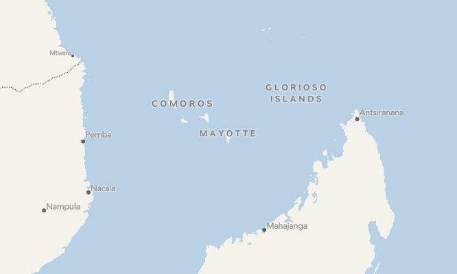Localização na mapa da Ilha Mayotte, entre o Oceano Índico e o Canal de Moçambique (Foto: Mapbox/OpenStreetMap)