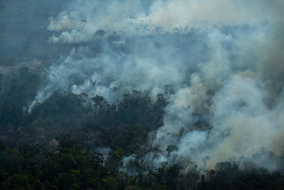 Queimada sobre área degradada no Parque Nacional Mapinguari, em Lábrea, Amazonas. 29 de julho — Foto: Christian Braga/Greenpeace