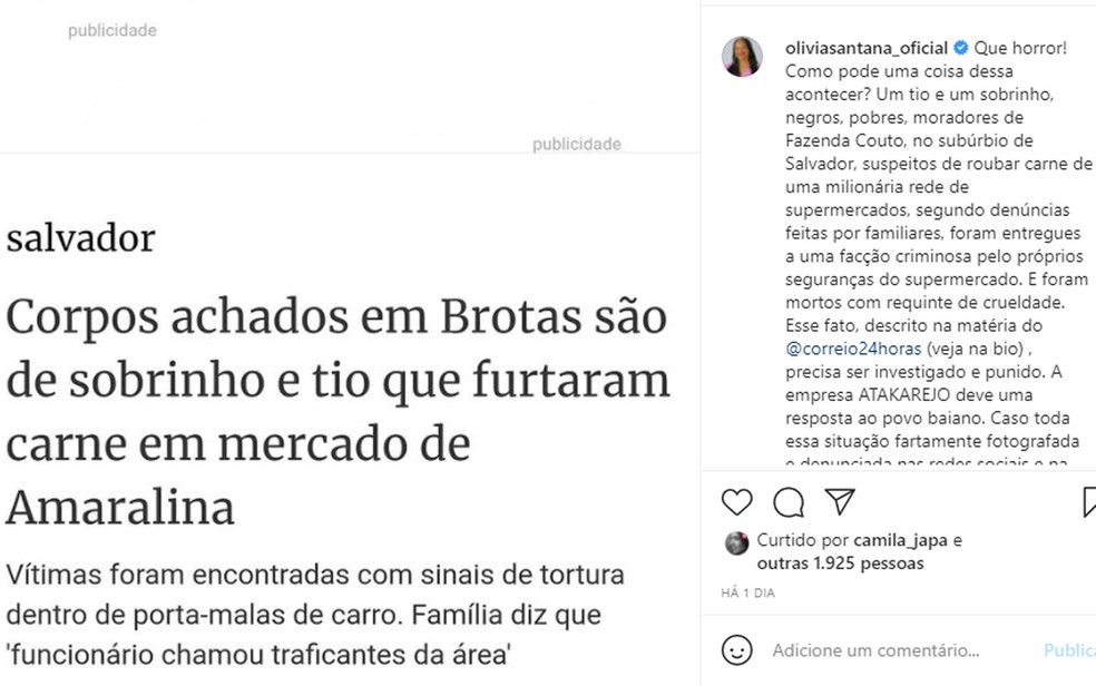 Olívia Santana, deputada estadual, também se manifestou sobre o caso — Foto: Reprodução/Instagram