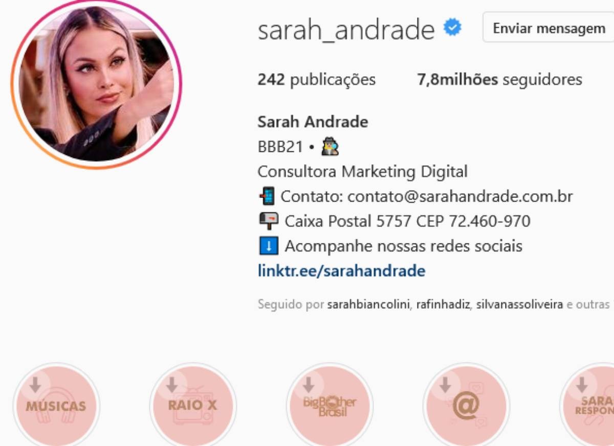 Sarah atualmente, com 7,8 milhões de seguidores (Foto: Reprodução/Instagram)