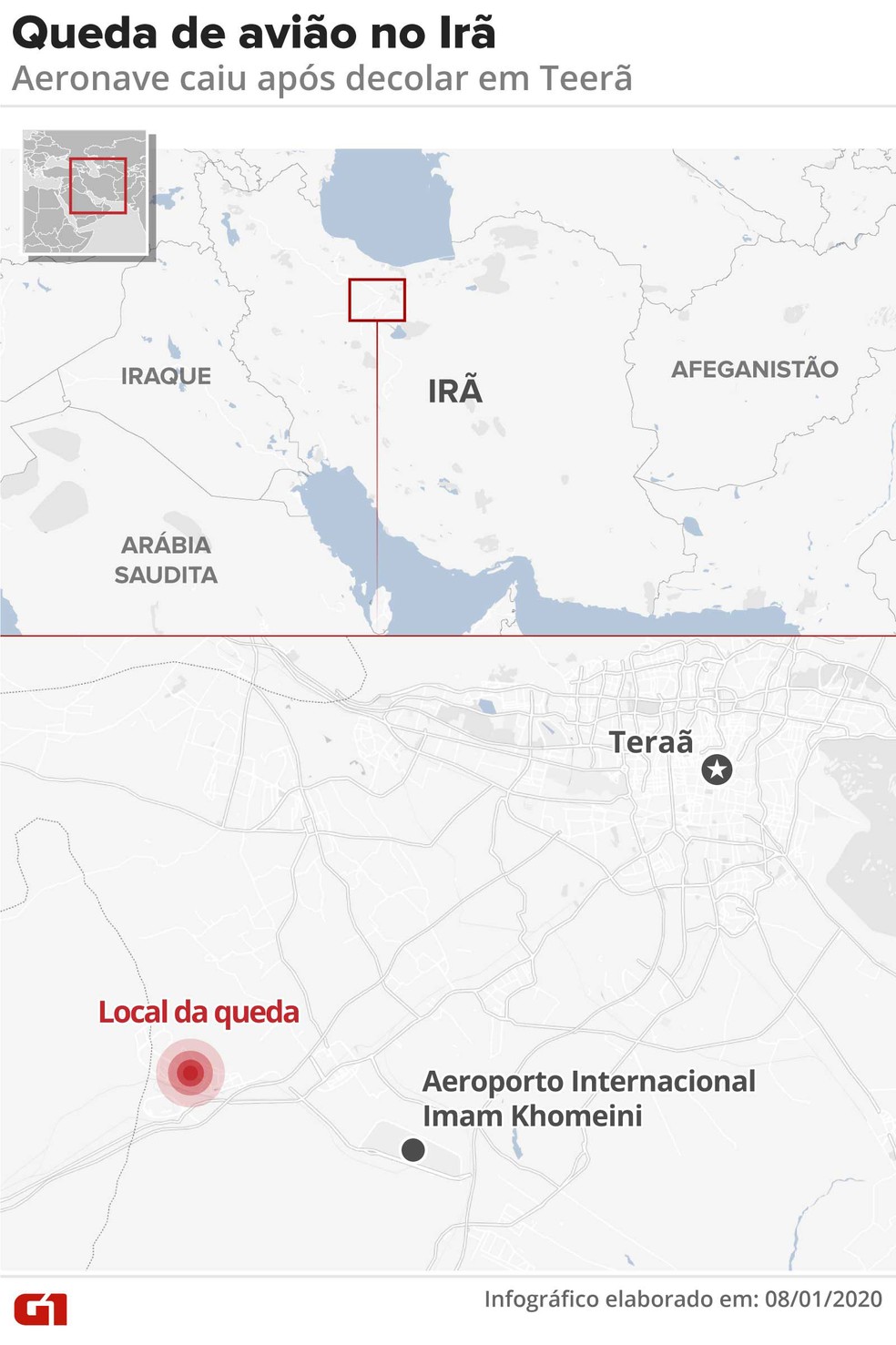 Mapa mostra local da queda do avião ucraniano que decolou de Teerã  — Foto: Rodrigo Sanches/ G1