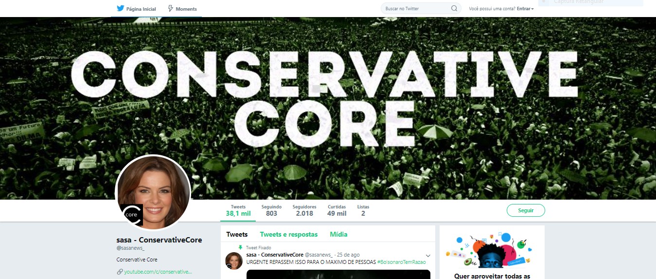 Postagens do perfil @sasanews_ divulgam canal Conservative Core do Youtube (Foto: Reprodução/Twitter)