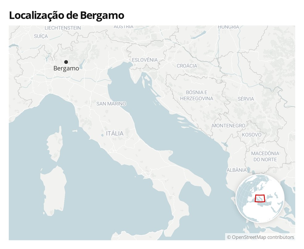 Mapa mostra localiza&ccedil;&atilde;o da cidade de Bergamo, na It&aacute;lia &mdash; Foto:  G1