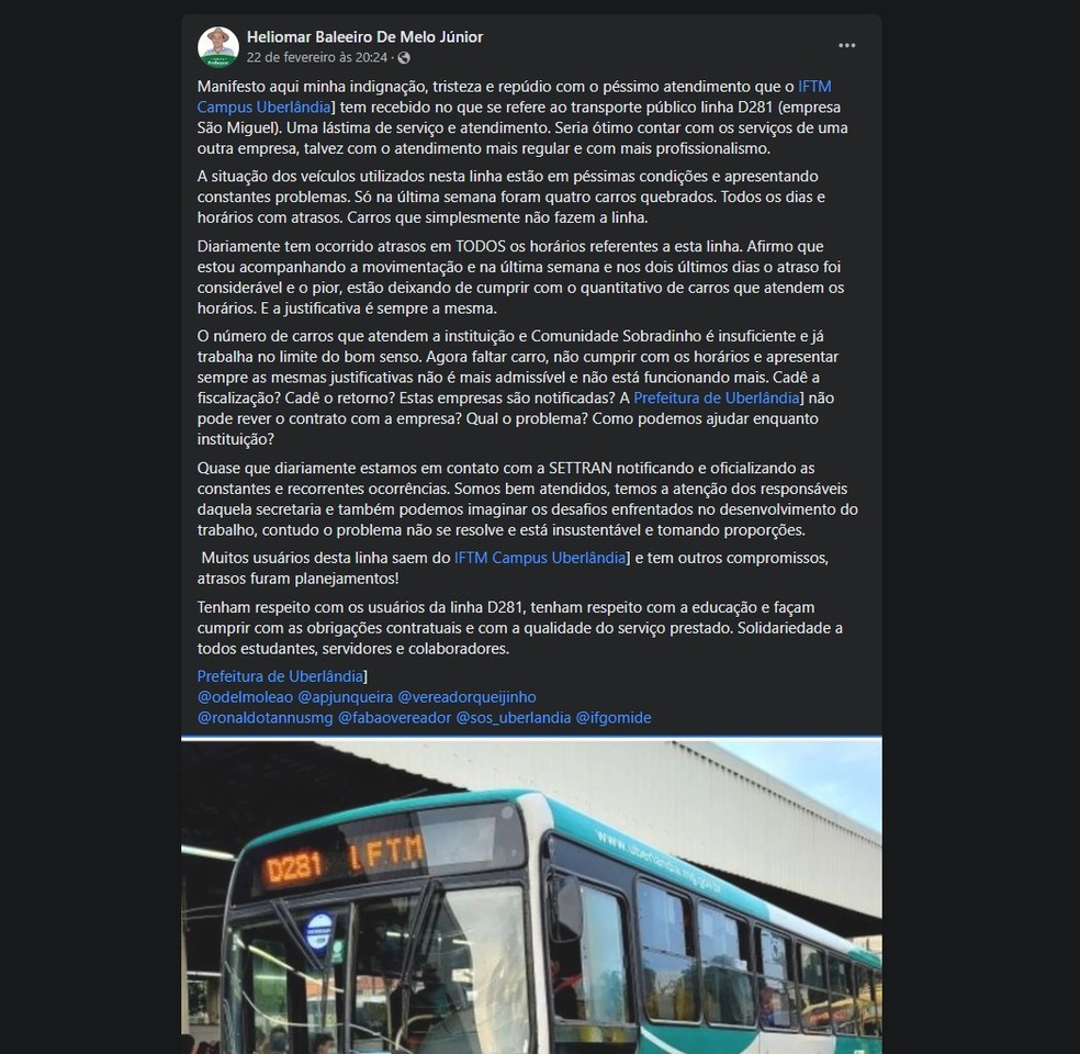 Diretor-geral do IFTM campus Uberlândia compartilhou problema de ônibus em rede social — Foto: Reprodução/Facebook