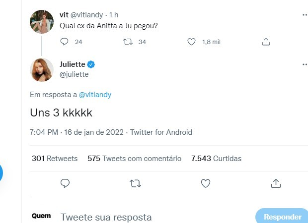 Juliette revela com quantos ex de Anitta ela ficou (Foto: Reprodução/Twitter)
