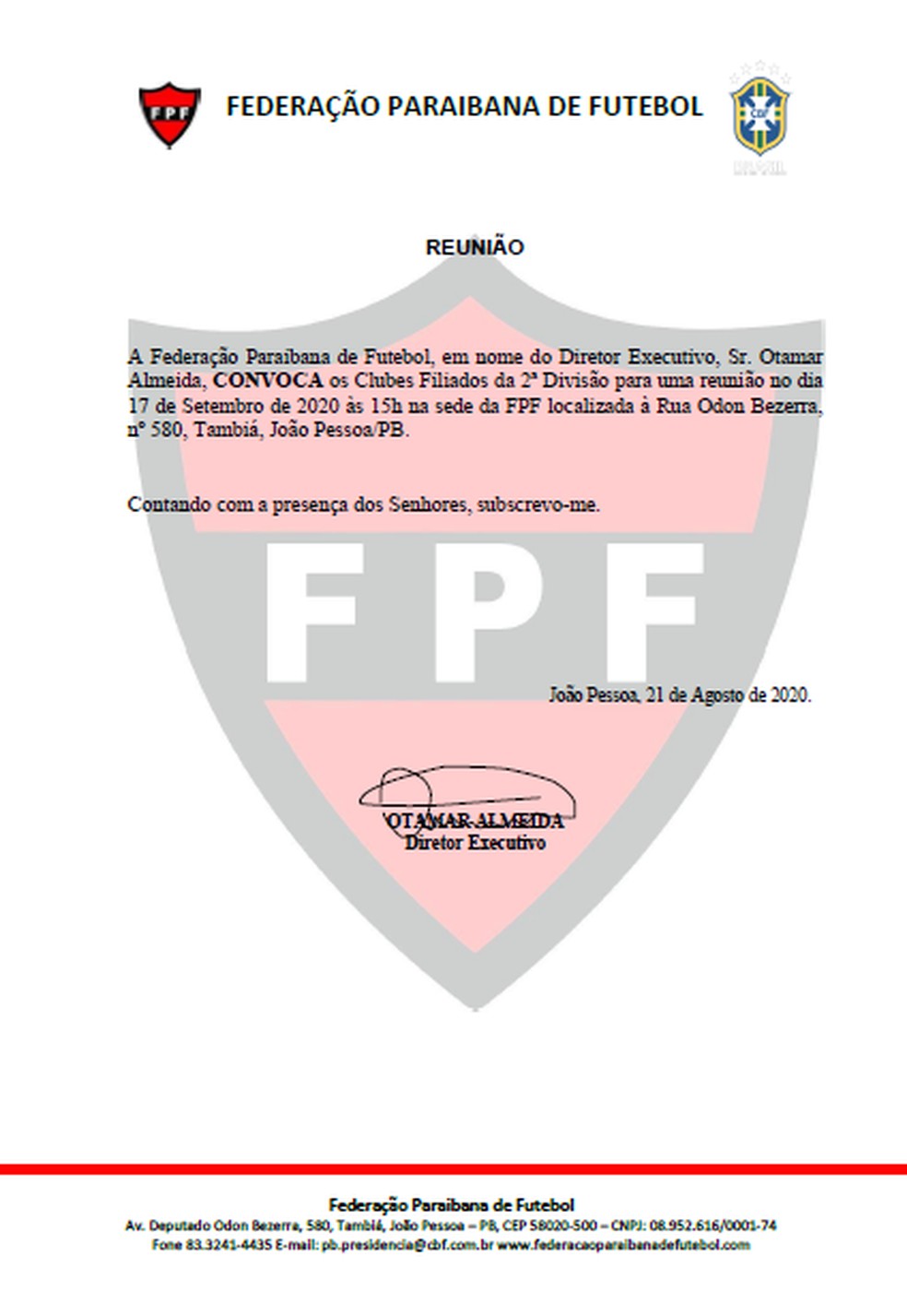 FPF convocou os clubes para reunião presencial — Foto: Reprodução / FPF