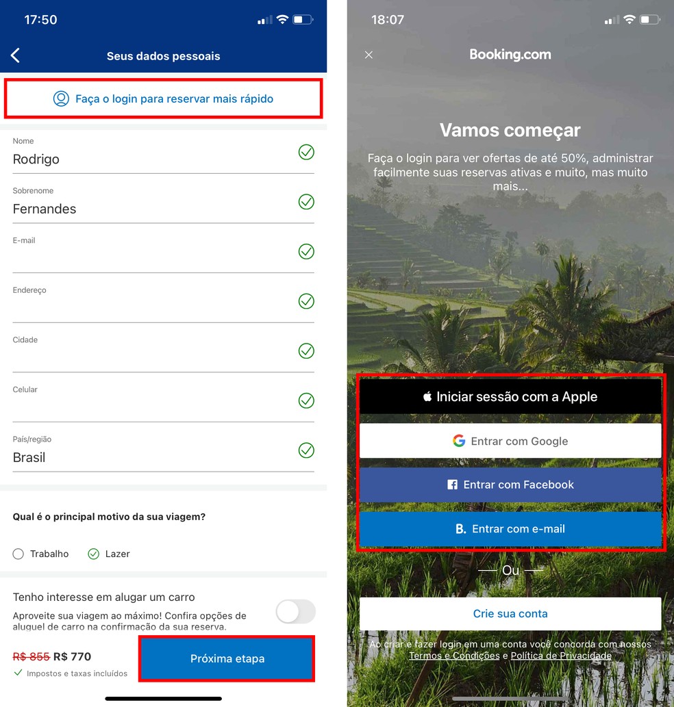 Booking é confiável? Login pode ser feito com credenciais de redes sociais — Foto: Reprodução/Rodrigo Fernandes