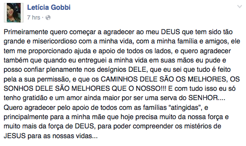 Em uma rede social, Letícia agradeceu a Deus, à família e aos amigos. (Foto: Reprodução/ Facebook) Em uma rede social, Letícia agradeceu a Deus, à família e aos amigos. (Foto: Reprodução/ Facebook)