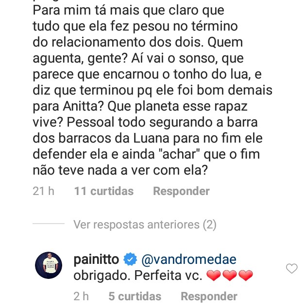 Painitto agradece e concorda com comentário de fã (Foto: Reprodução / Instagram)