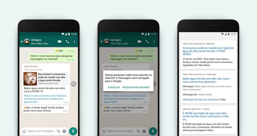 Novo recurso do WhatsApp permite checar se informação encaminhada é verdadeira — Foto: WhatsApp/Divulgação