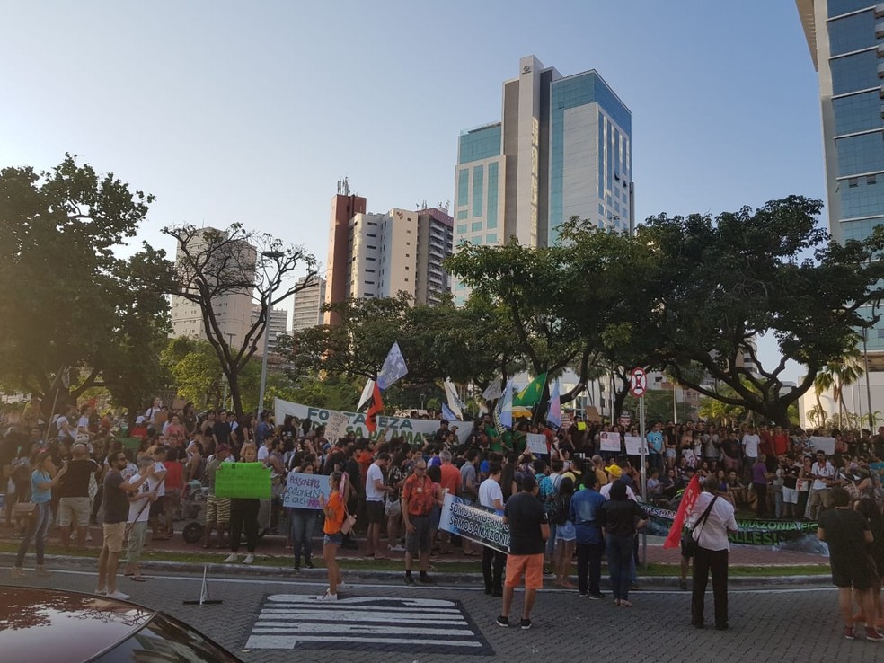 Manifestantes se reúnem na Praça Portugal em protesto a favor da Amazônia. — Foto: Wolney Batista/ Sistema Verdes Mares