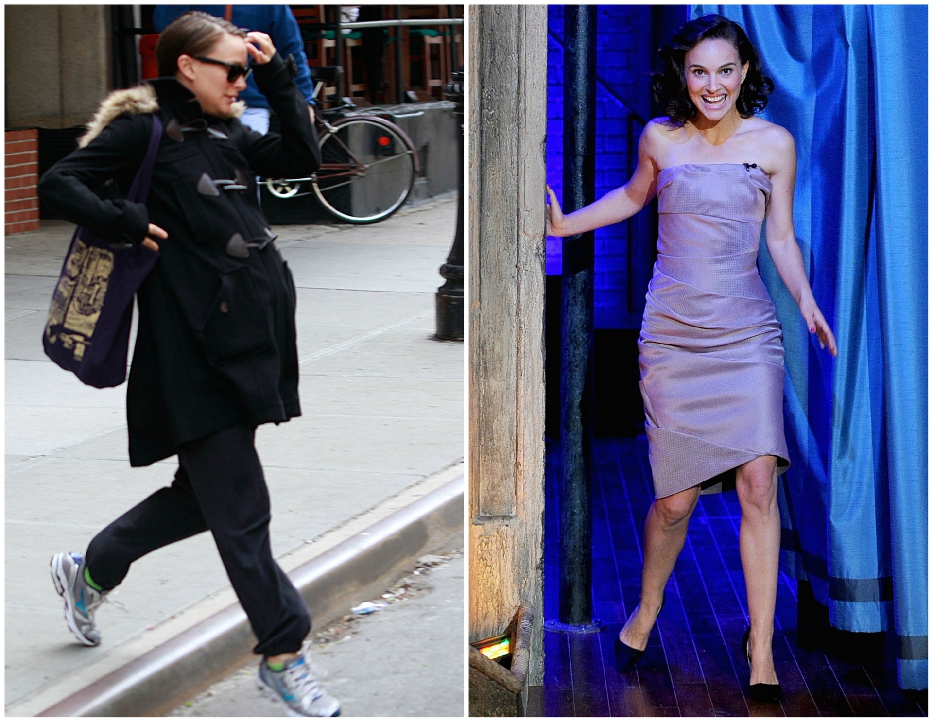 Natalie Portman em maio de 2011 (à esq.) e em novembro de 2013. Em junho de 2011, nasceu o filho da atriz, Aleph. (Foto: Getty Images)