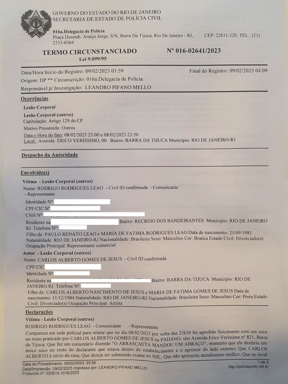 Boletim de ocorr&ecirc;ncia relatando agress&atilde;o de Carlos Alberto &mdash; Foto: Reprodu&ccedil;&atilde;o