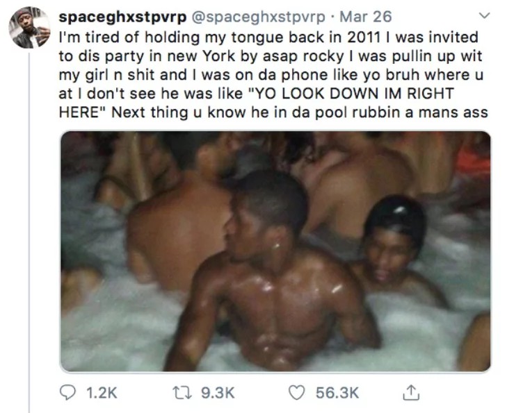 O tuíte do rapper Spaceghost Purrp falando sobre a orientação sexual do rapper A$AP Rocky e com o suposto flagrante dele com outro homem (Foto: Twitter)