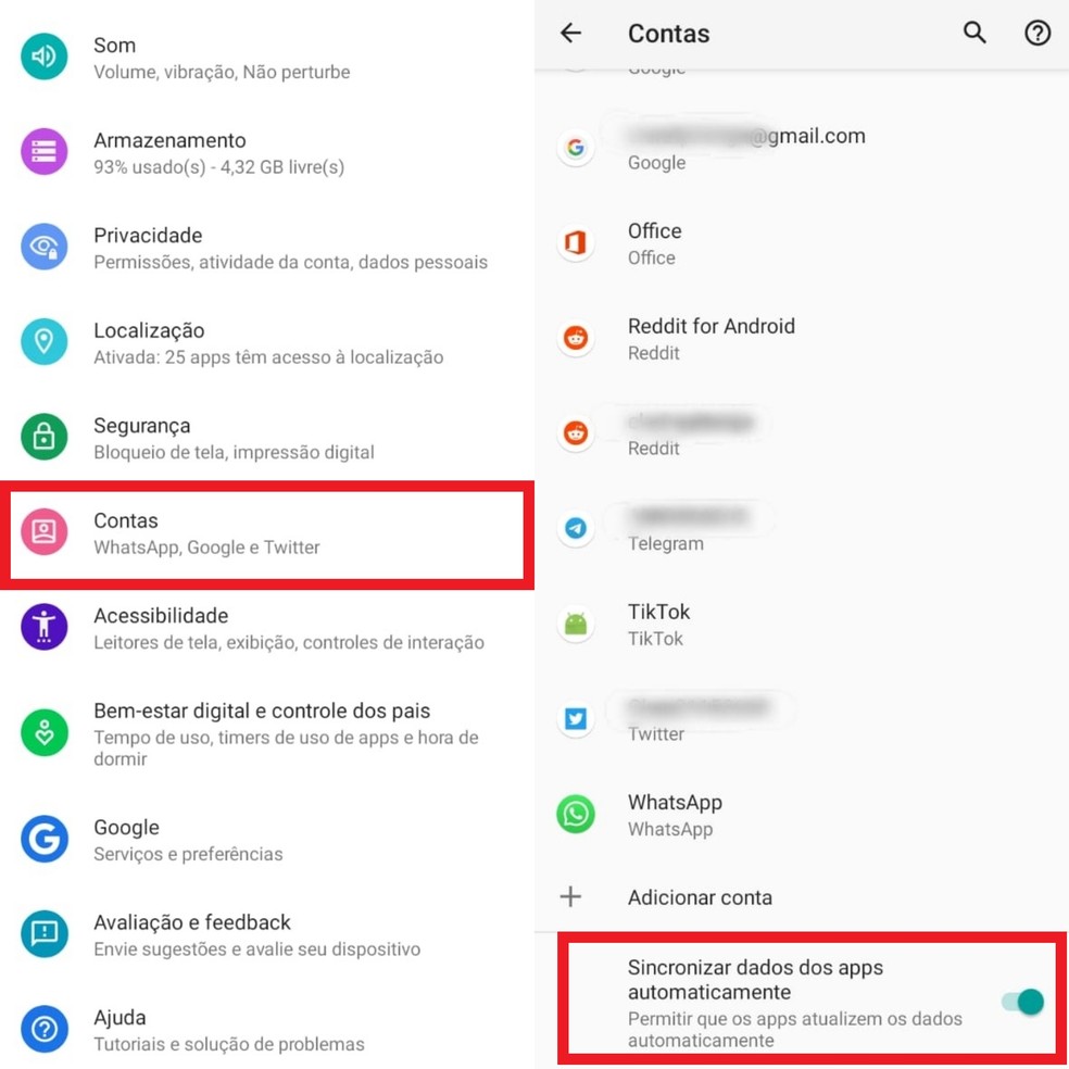 Clique em "Conta" e habilite a chave ao lado de "Sincronizar dados dos apps automaticamente" para ativar a sincronização — Foto: Reprodução/Clara Fabro