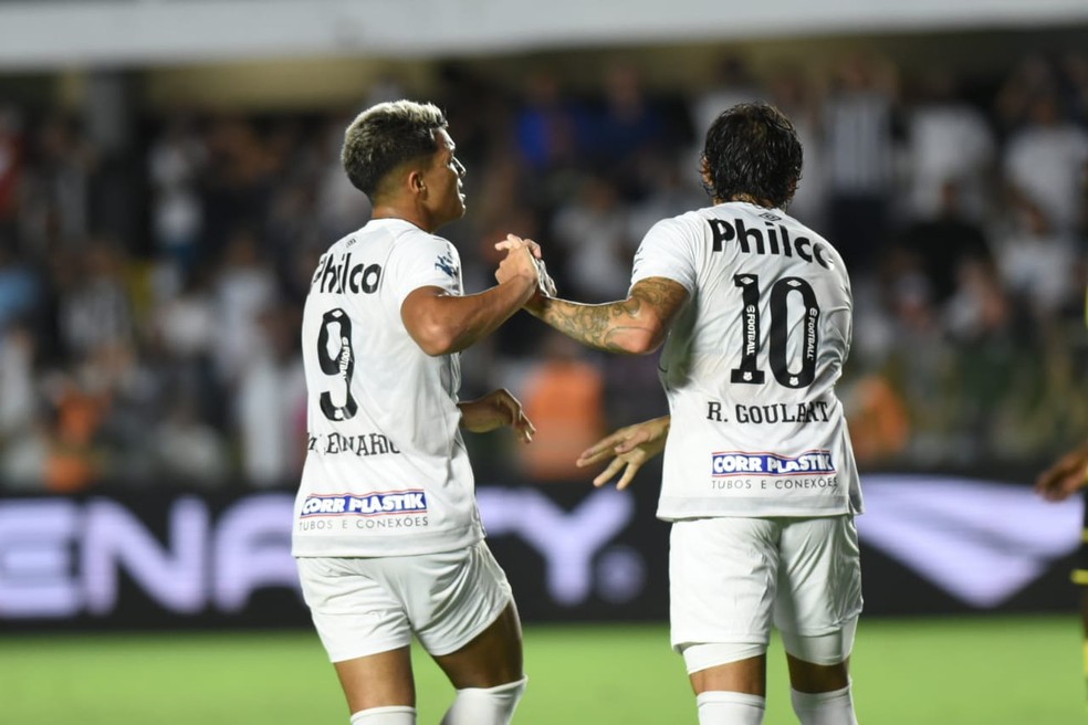 Marcos Leonardo e Ricardo Goulart festejam gol do Santos — Foto: Ivan Storti/Santos FC