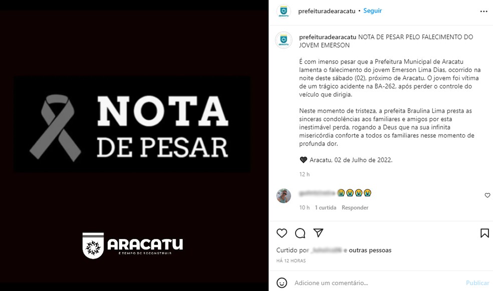 Prefeitura de Aracatu publicou nota lamentando a morte do motorista — Foto: Reprodução/Redes Sociais