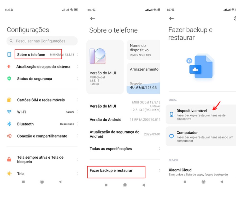Caminho para realização de backup em celular com sistema Android — Foto: Reprodução/Raisa Capela 