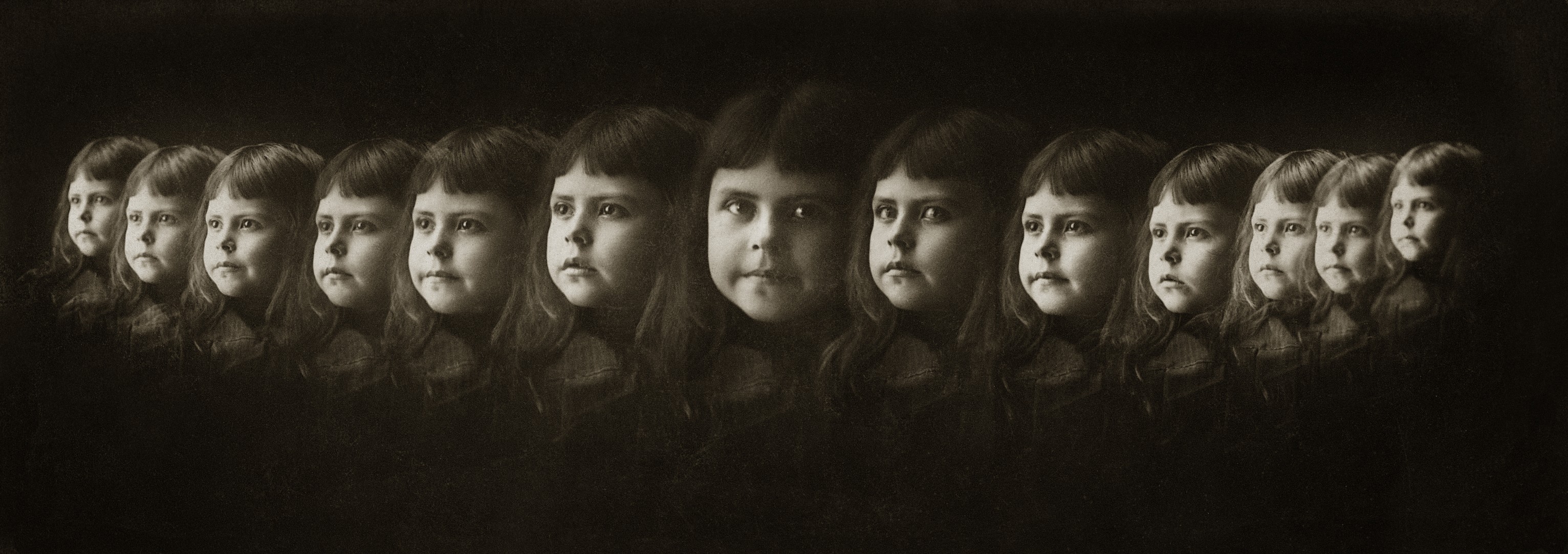 Expressões faciais em múltipla exposição (rosto de menina); fotografias tiradas por câmera construída pelo autor, São Paulo, SP, c. 1890 (Foto: Valério Vieira (Angra dos Reis, RJ, 1862 - São Paulo, SP, 1941))