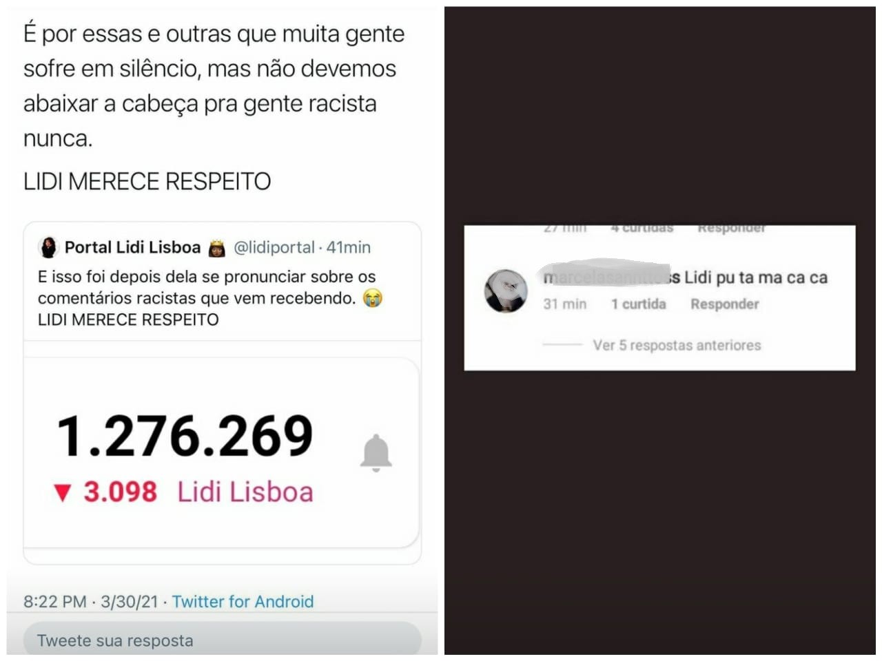 Lidi Lisboa perde seguidores após desabafar sobre comentários racistas (Foto: Reprodução/Twitter/Instagram)
