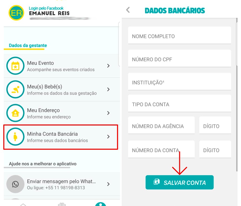 Cadastre sua conta bancária no app para lista de bebê — Foto: Reprodução/Emanuel Reis